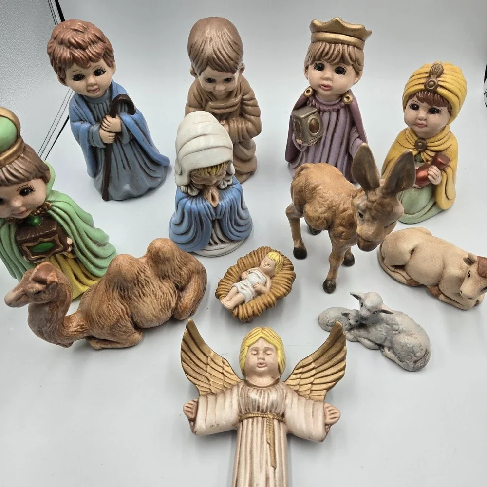 Nativity Set Arnels‎ 1975 Ceramic Christmas Decor Hand Painted 12 Pc 7 inches